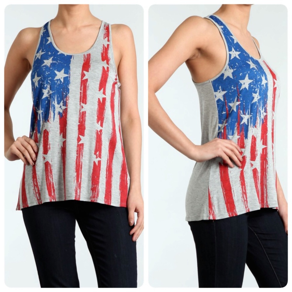 Adorable gray flag graphic tank! Arriving soon!